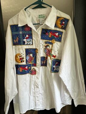 Vintage Quacker Factory White Button-Down Shirt with Colorful Holiday Panels